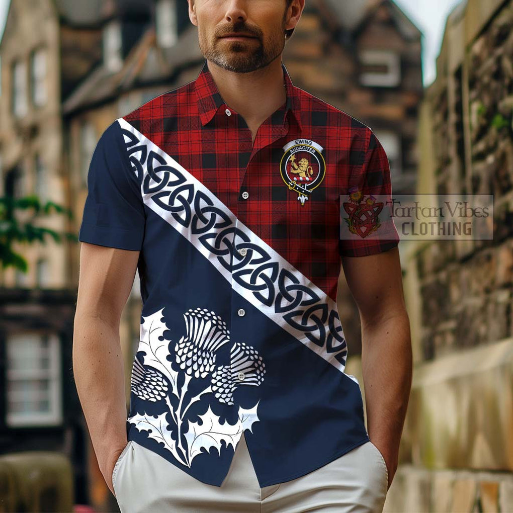 Tartan Vibes Clothing Ewing Tartan Short Sleeve Button Shirt Featuring Thistle and Scotland Map