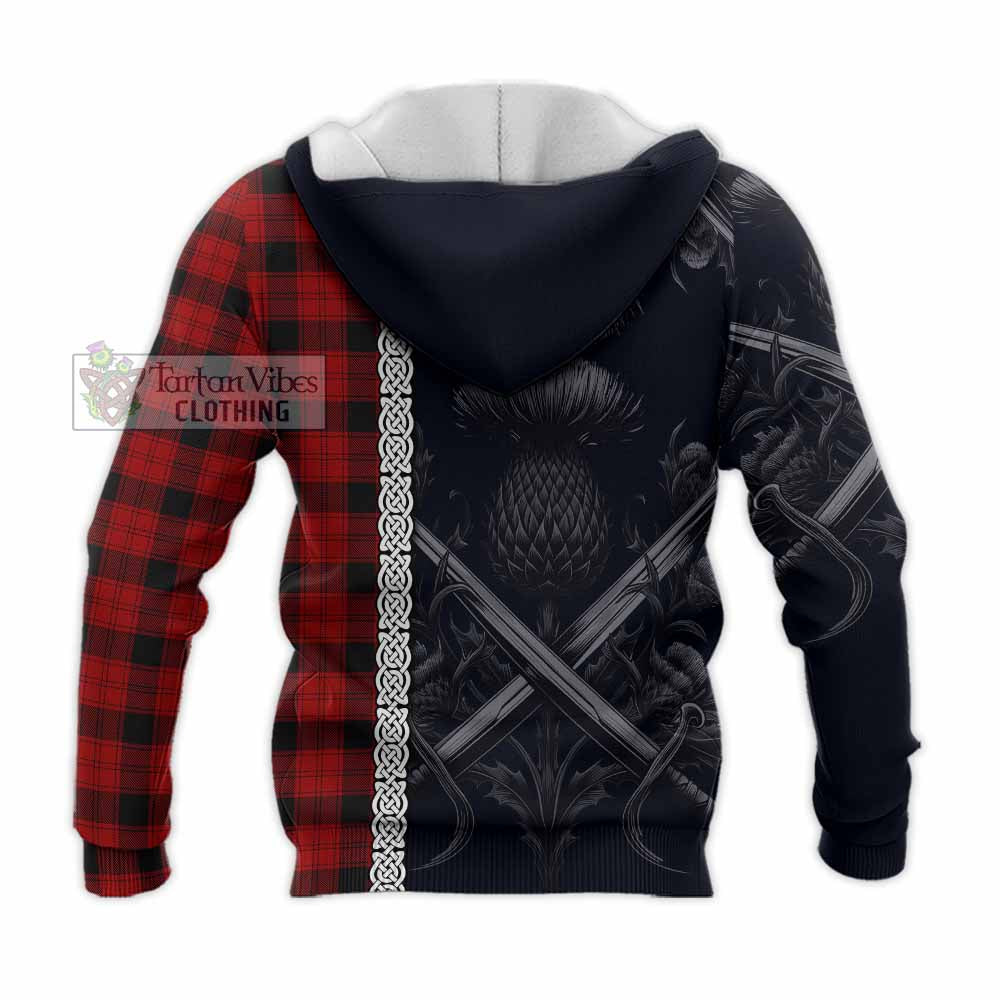 Tartan Vibes Clothing Ewing Tartan Knitted Hoodie with Family Crest Cross Sword Thistle Celtic Vibes