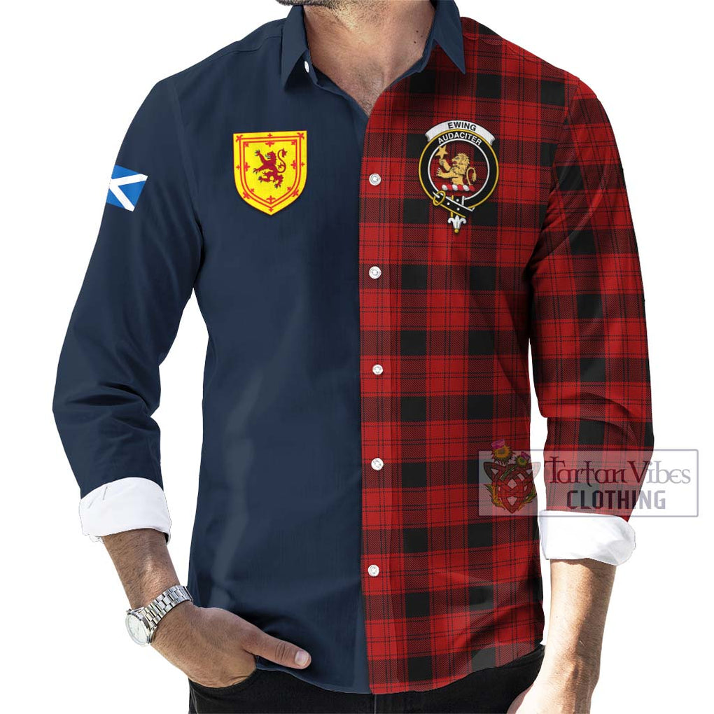 Tartan Vibes Clothing Ewing Tartan Long Sleeve Button Shirt with Scottish Lion Royal Arm Half Style