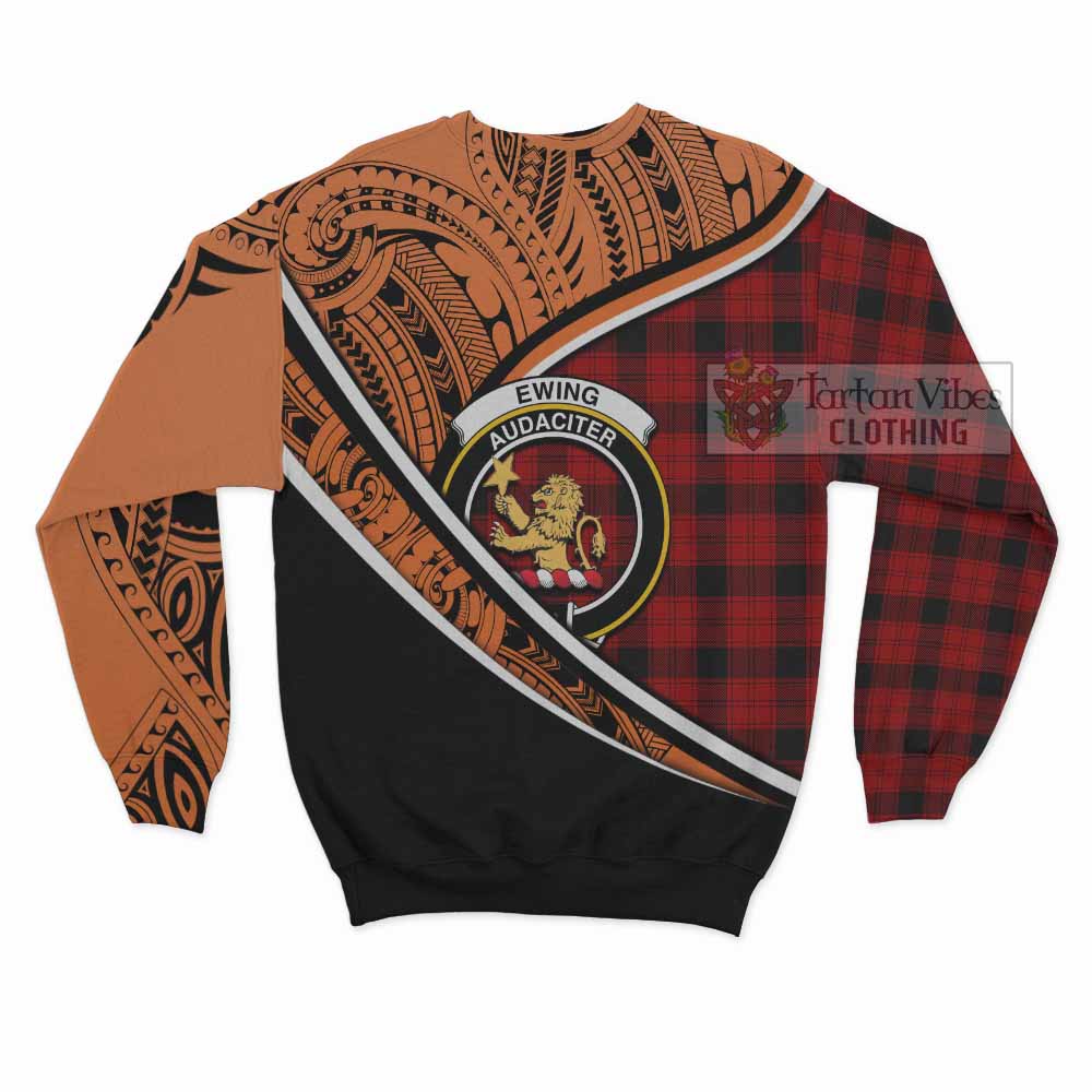 Tartan Vibes Clothing Ewing Crest Tartan Sweatshirt with Maori Tattoo Style - Orange Version