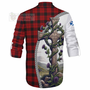 Ewing Tartan Ghillie Kilt Shirt with Family Crest and St. Andrew's Cross Accented by Thistle Vines