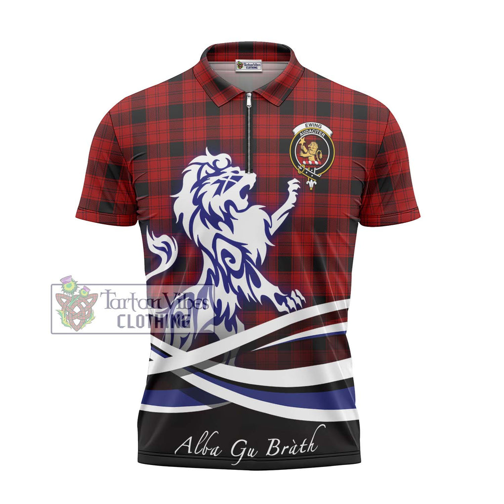 Ewing Tartan Zipper Polo Shirt with Alba Gu Brath Regal Lion Emblem - Tartanvibesclothing Shop