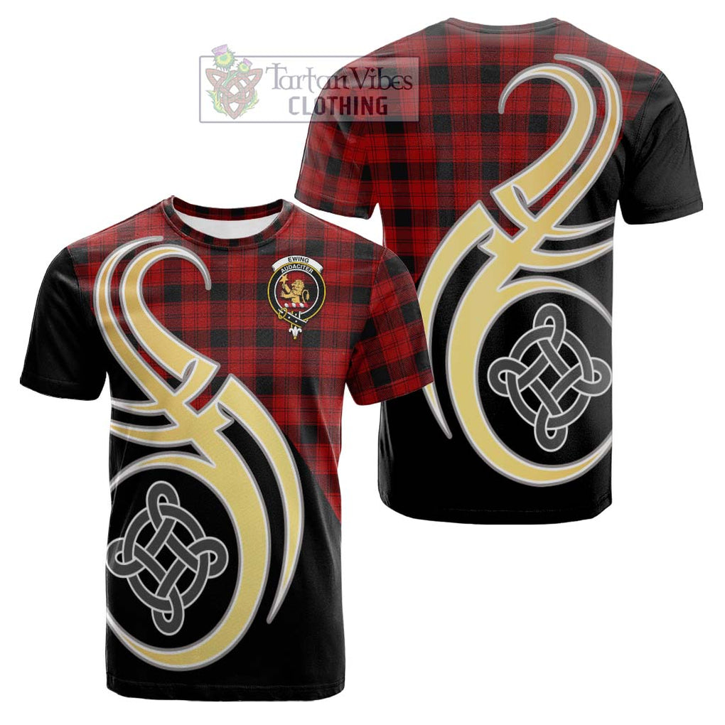 Tartan Vibes Clothing Ewing Tartan Cotton T-shirt with Family Crest and Celtic Symbol Style