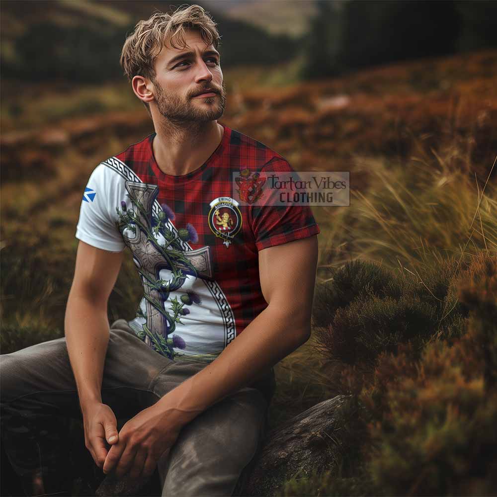 Tartan Vibes Clothing Ewing Agnew Tartan T-Shirt with Family Crest and St. Andrew's Cross Accented by Thistle Vines