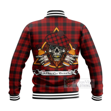 Ewing Tartan Baseball Jacket with Family Crest and Bearded Skull Holding Bottles of Whiskey