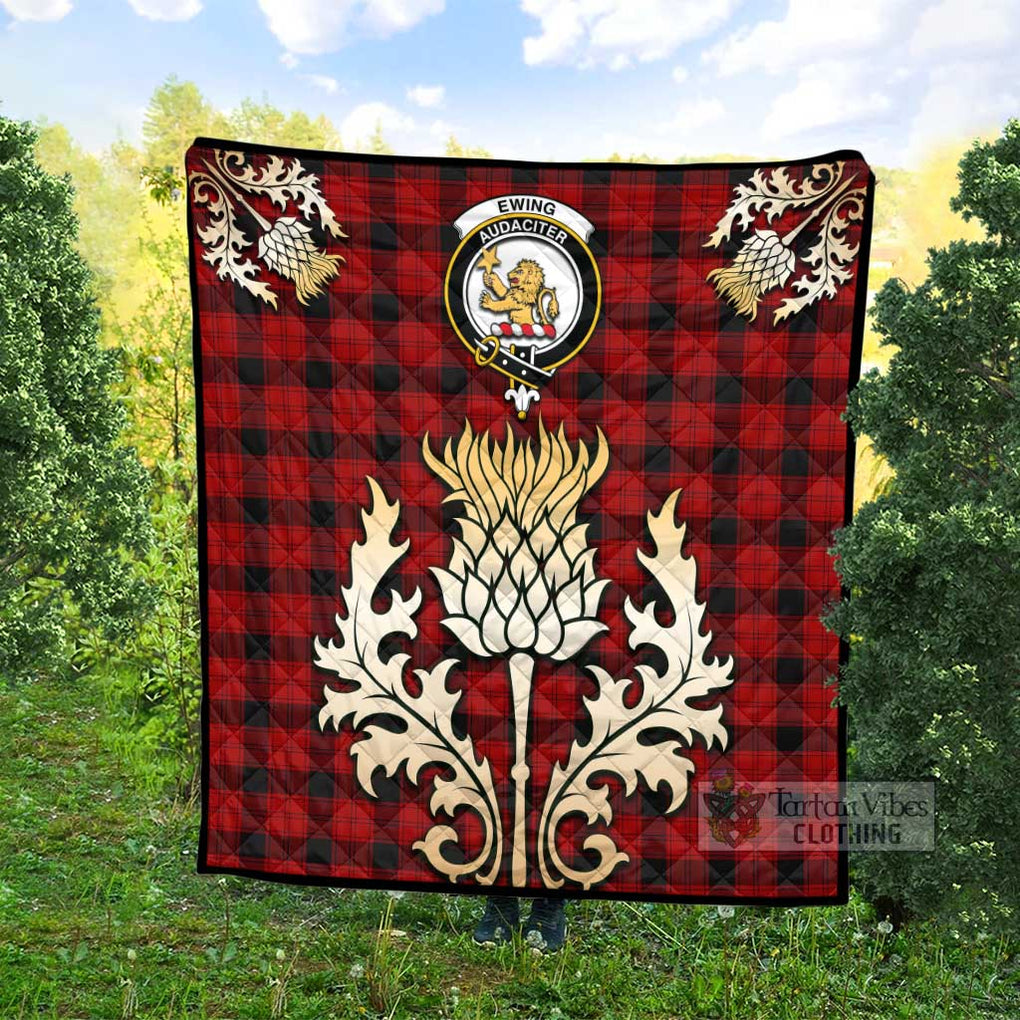 Tartan Vibes Clothing Ewing Tartan Quilt with Family Crest and Golden Thistle Style