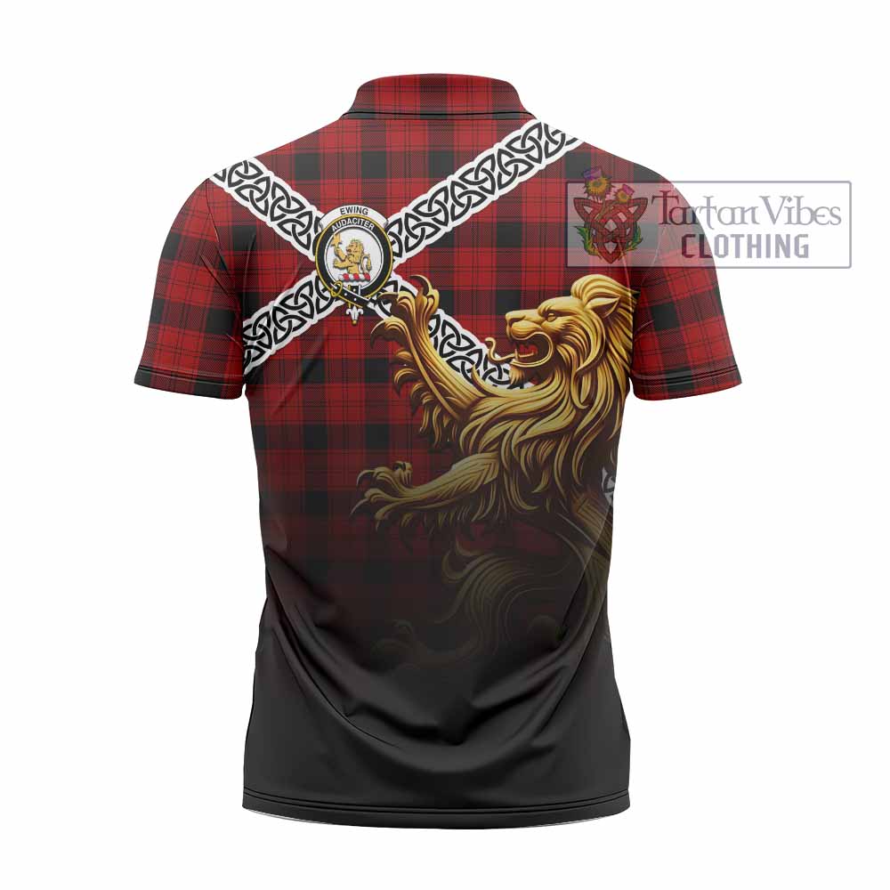 Ewing Crest Tartan Zipper Polo Shirt with Golden Lion Emblem Celtic Style - Tartan Vibes Clothing
