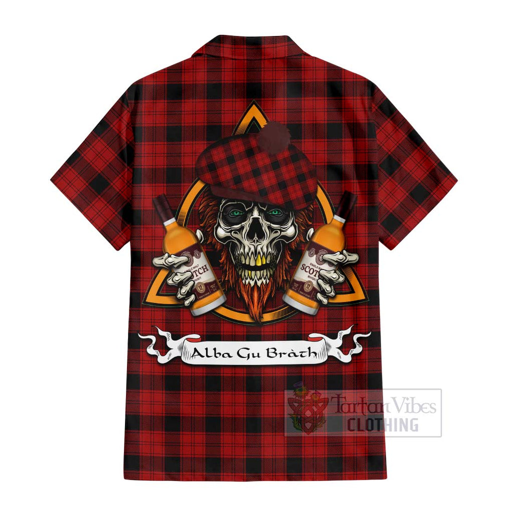 Tartan Vibes Clothing Ewing Tartan Short Sleeve Button Shirt with Family Crest and Bearded Skull Holding Bottles of Whiskey