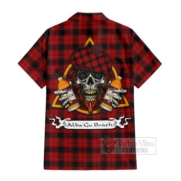 Ewing Tartan Short Sleeve Button Shirt with Family Crest and Bearded Skull Holding Bottles of Whiskey