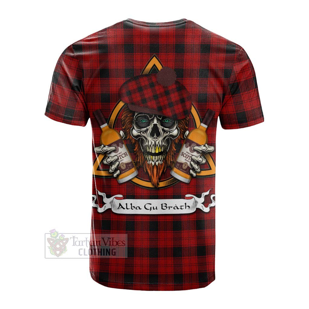 Tartan Vibes Clothing Ewing Tartan Cotton T-shirt with Family Crest and Bearded Skull Holding Bottles of Whiskey