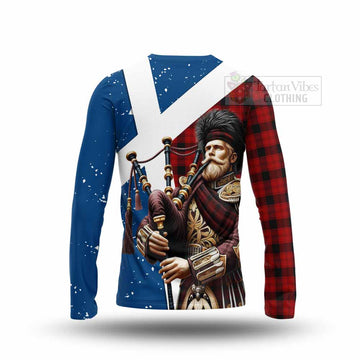 Ewing Tartan Long Sleeve T-Shirt with Family Crest Scottish Bagpiper Vibes