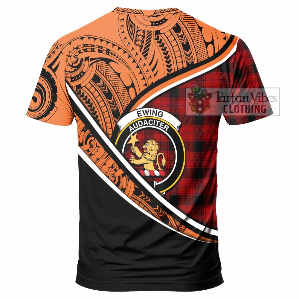 Tartan Vibes Clothing Ewing Crest Tartan T-Shirt with Maori Tattoo Style - Orange Version