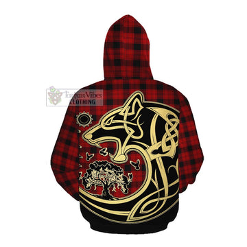 Ewing Tartan Cotton Hoodie with Family Crest Celtic Wolf Style