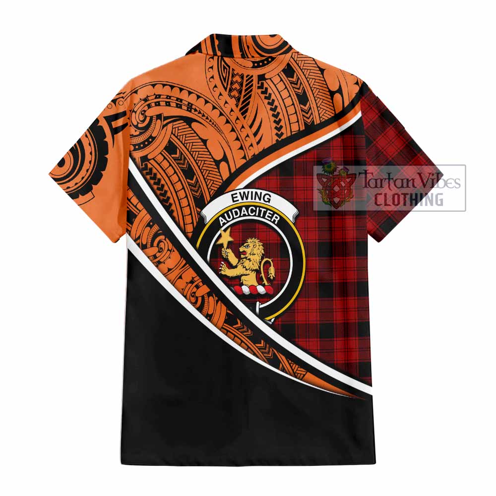 Tartan Vibes Clothing Ewing Crest Tartan Short Sleeve Button Shirt with Maori Tattoo Style - Orange Version