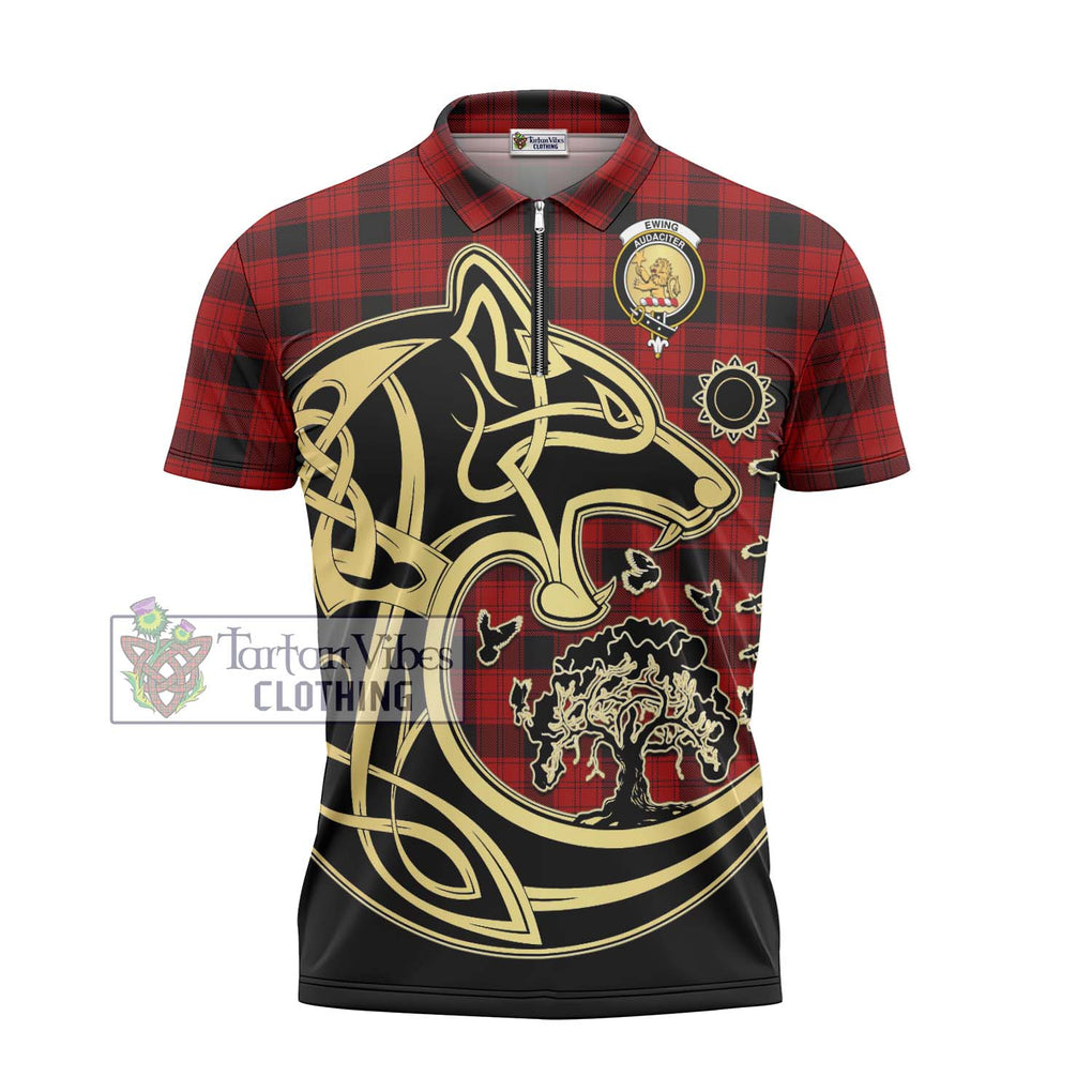 Ewing Tartan Zipper Polo Shirt with Family Crest Celtic Wolf Style - Tartanvibesclothing Shop