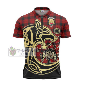 Ewing Tartan Zipper Polo Shirt with Family Crest Celtic Wolf Style