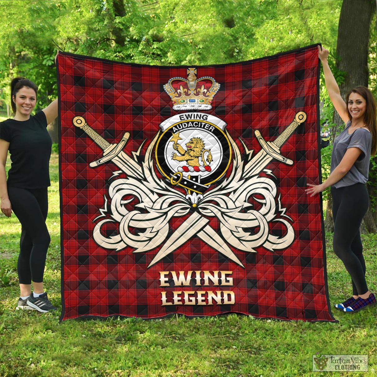 Tartan Vibes Clothing Ewing Tartan Quilt with Clan Crest and the Golden Sword of Courageous Legacy