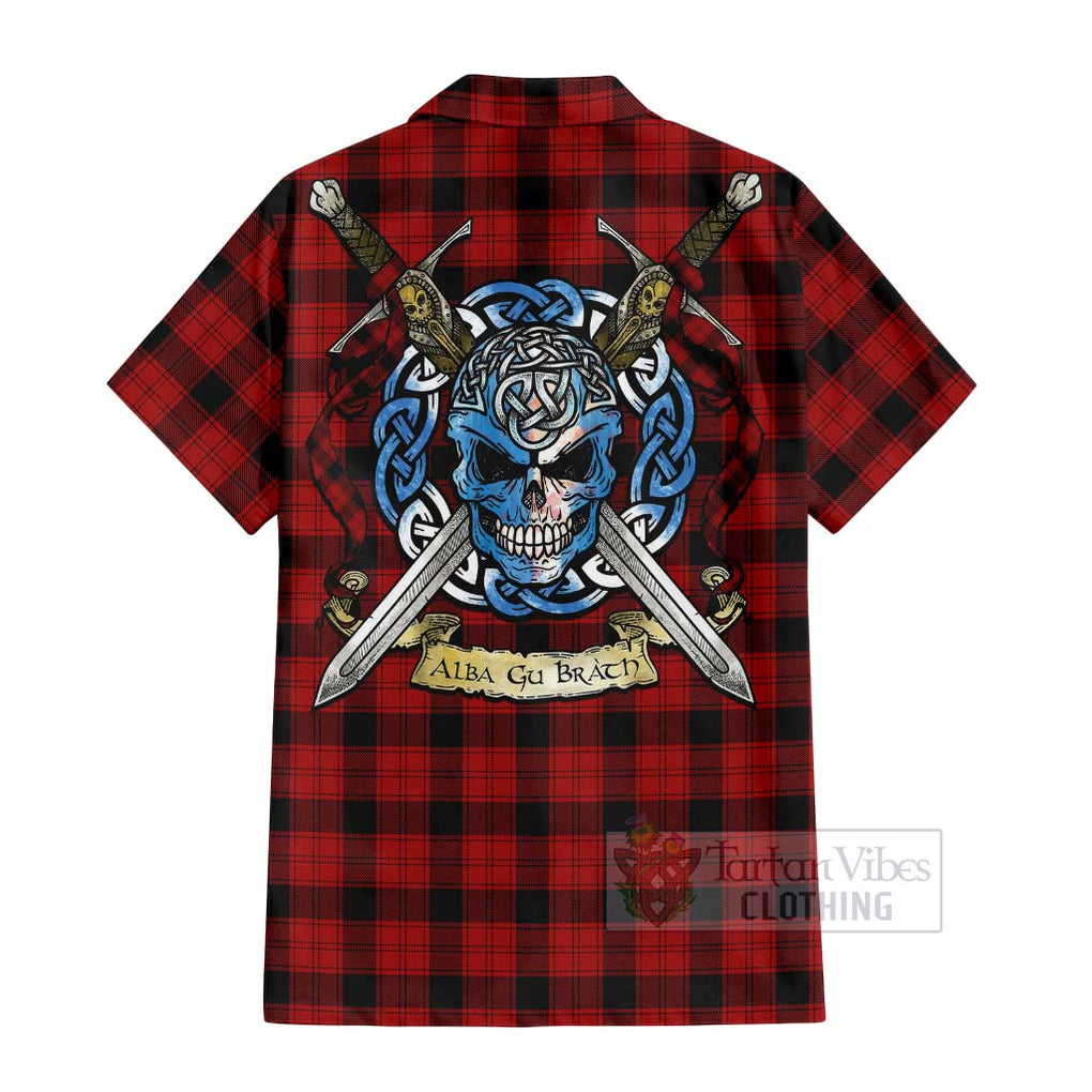 Tartan Vibes Clothing Ewing Tartan Short Sleeve Button Shirt with Family Crest Celtic Skull Style