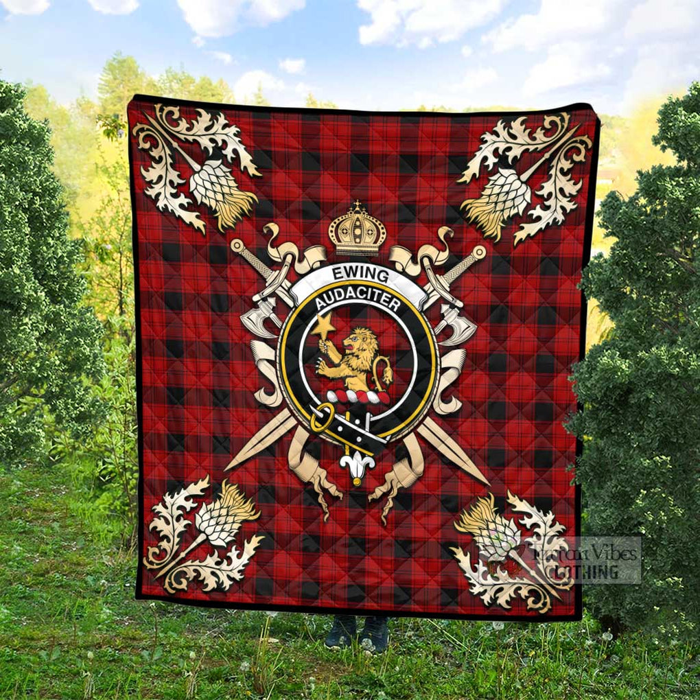 Tartan Vibes Clothing Ewing Tartan Quilt with Family Crest and Scottish Golden Courage Shield