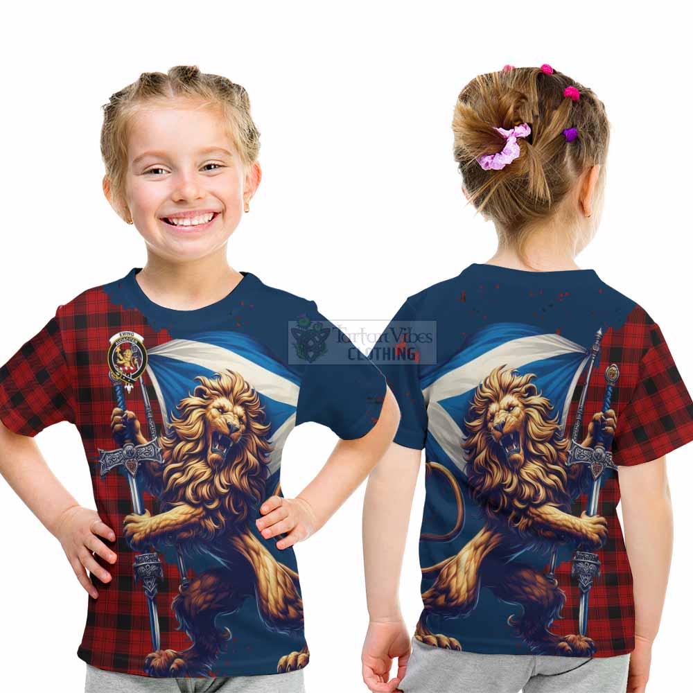 Tartan Vibes Clothing Ewing Tartan Family Crest Kid T-Shirt with Scottish Majestic Lion