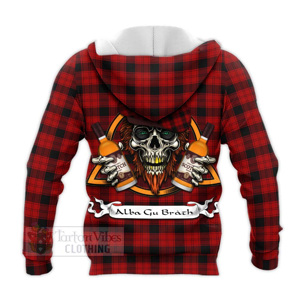 Tartan Vibes Clothing Ewing Tartan Knitted Hoodie with Family Crest and Bearded Skull Holding Bottles of Whiskey