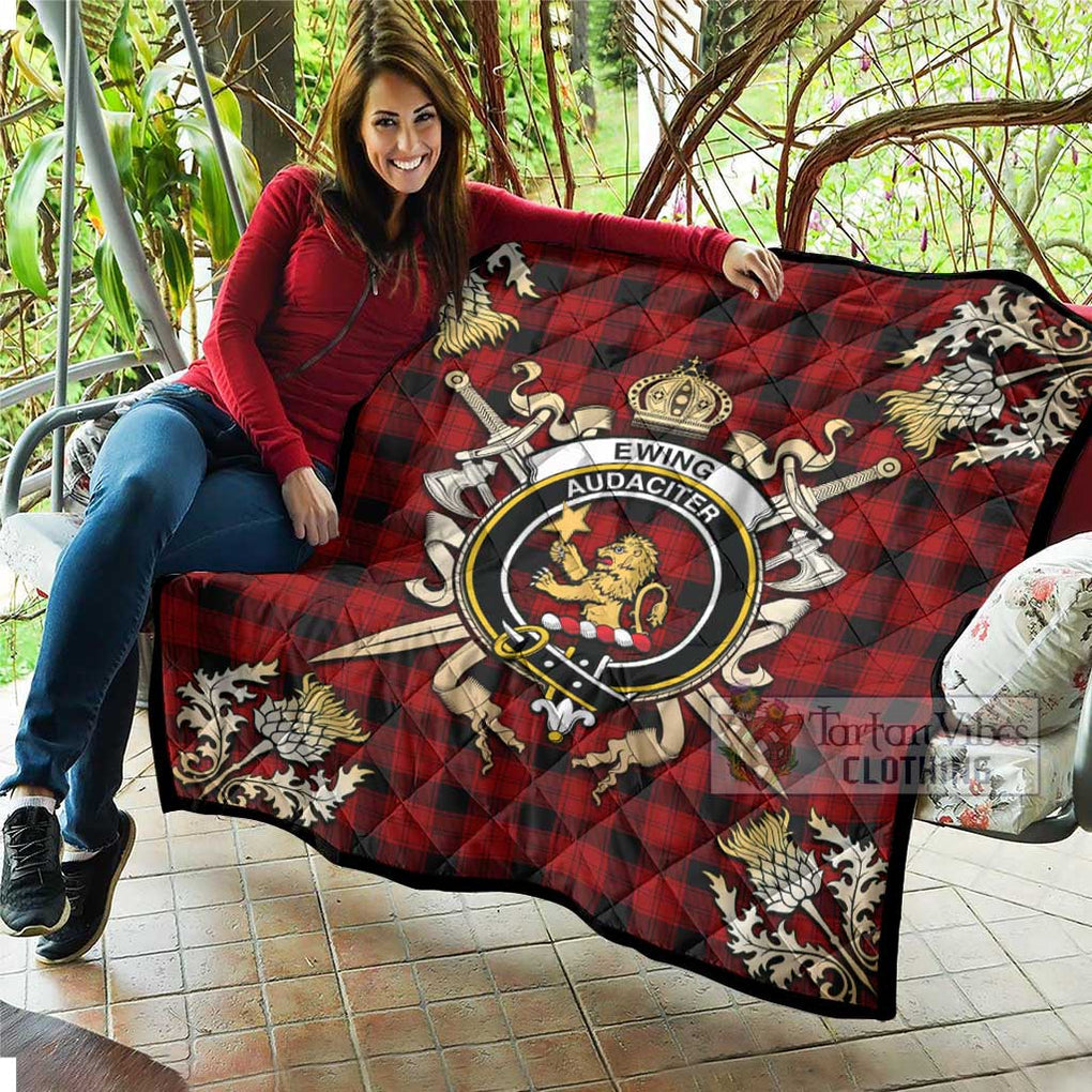 Tartan Vibes Clothing Ewing Tartan Quilt with Family Crest and Scottish Golden Courage Shield