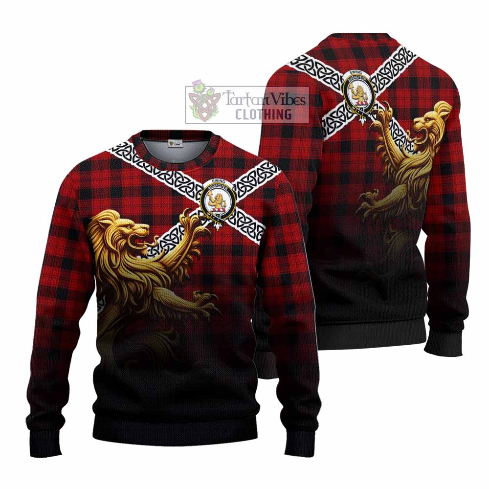 Ewing Crest Tartan Knitted Sweater with Golden Lion Emblem Celtic Style - Tartan Vibes Clothing
