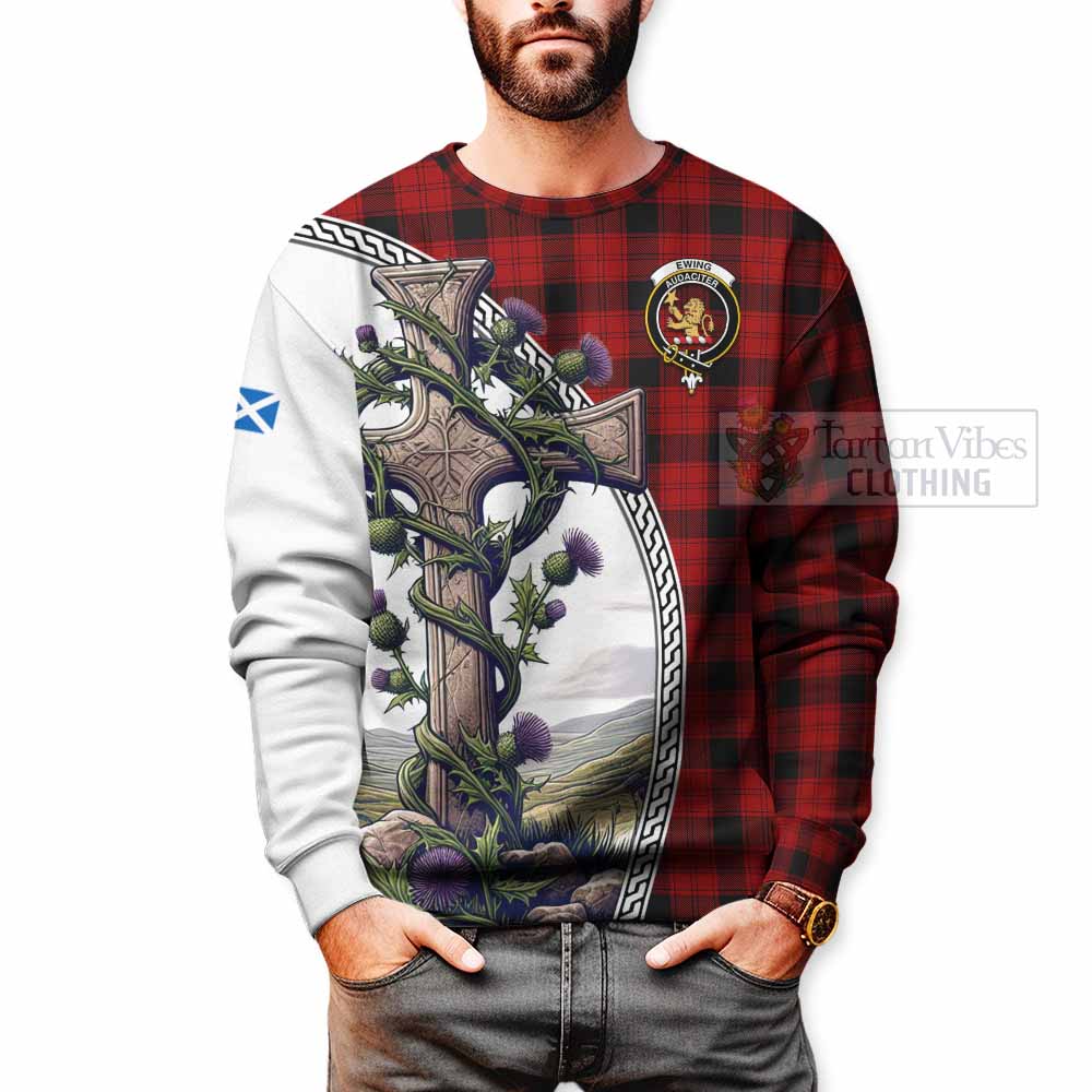 Tartan Vibes Clothing Ewing Tartan Sweatshirt with Family Crest and St. Andrew's Cross Accented by Thistle Vines