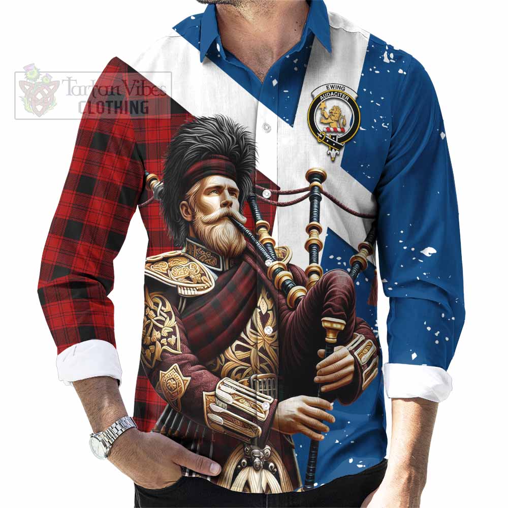 Tartan Vibes Clothing Ewing Tartan Long Sleeve Button Shirt with Family Crest Scottish Bagpiper Vibes