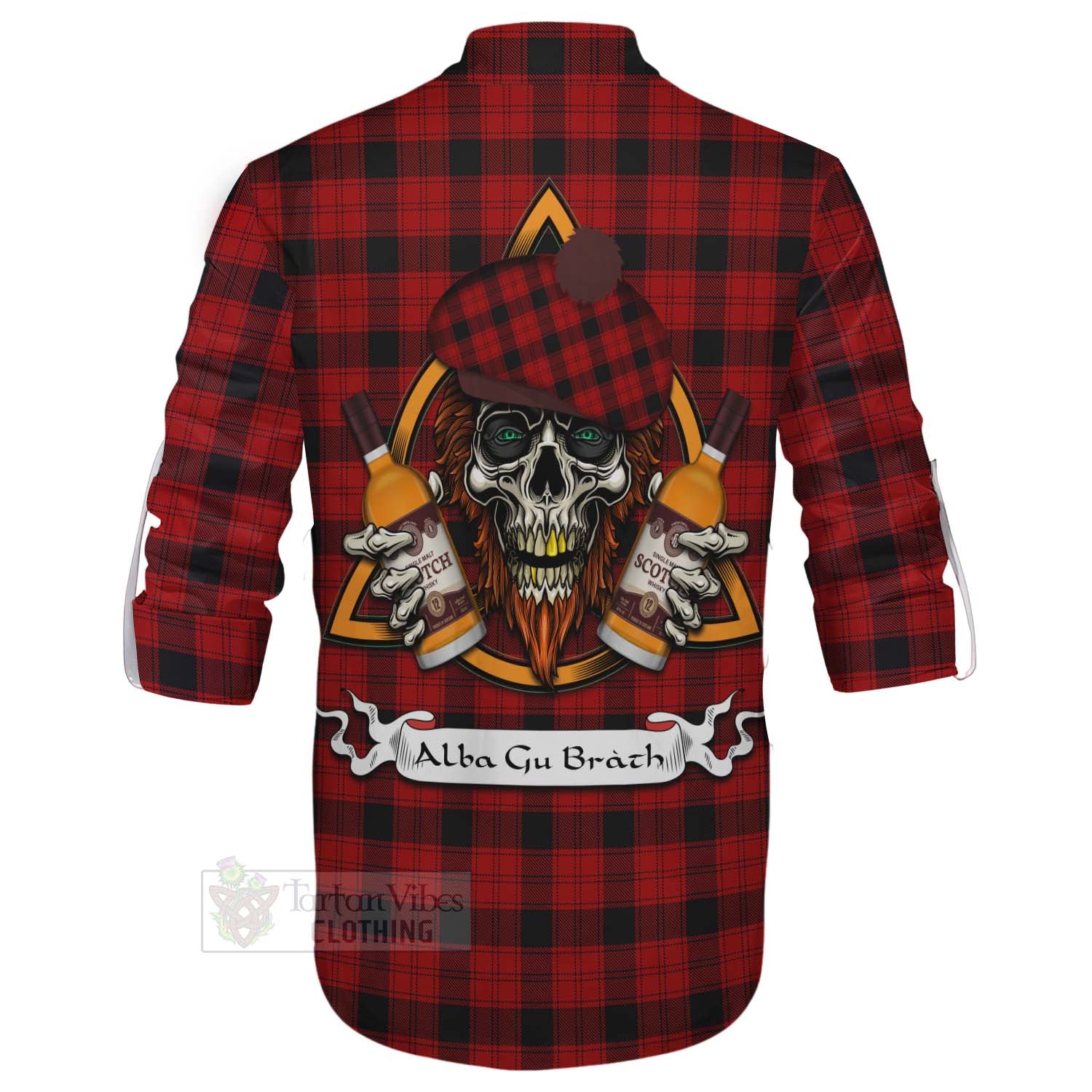 Tartan Vibes Clothing Ewing Tartan Ghillie Kilt Shirt with Family Crest and Bearded Skull Holding Bottles of Whiskey