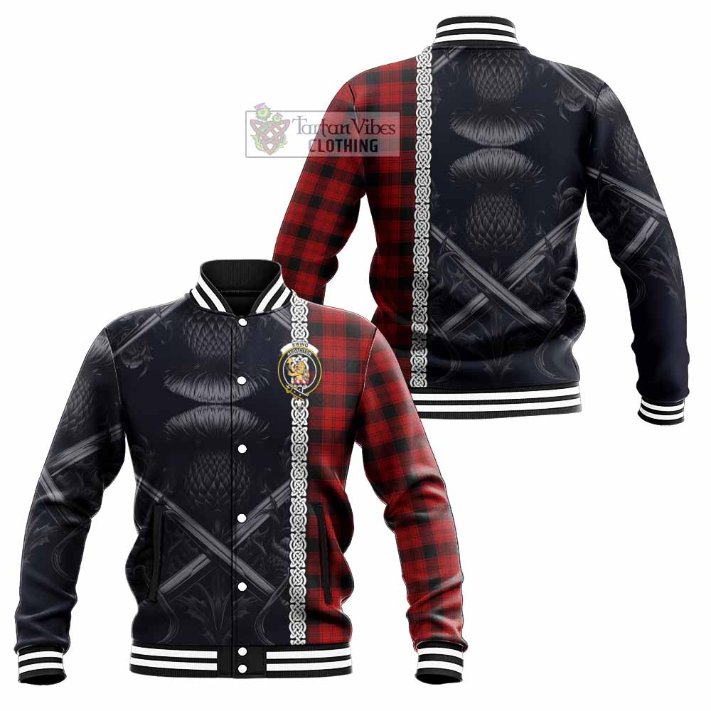 Tartan Vibes Clothing Ewing Tartan Baseball Jacket with Family Crest Cross Sword Thistle Celtic Vibes