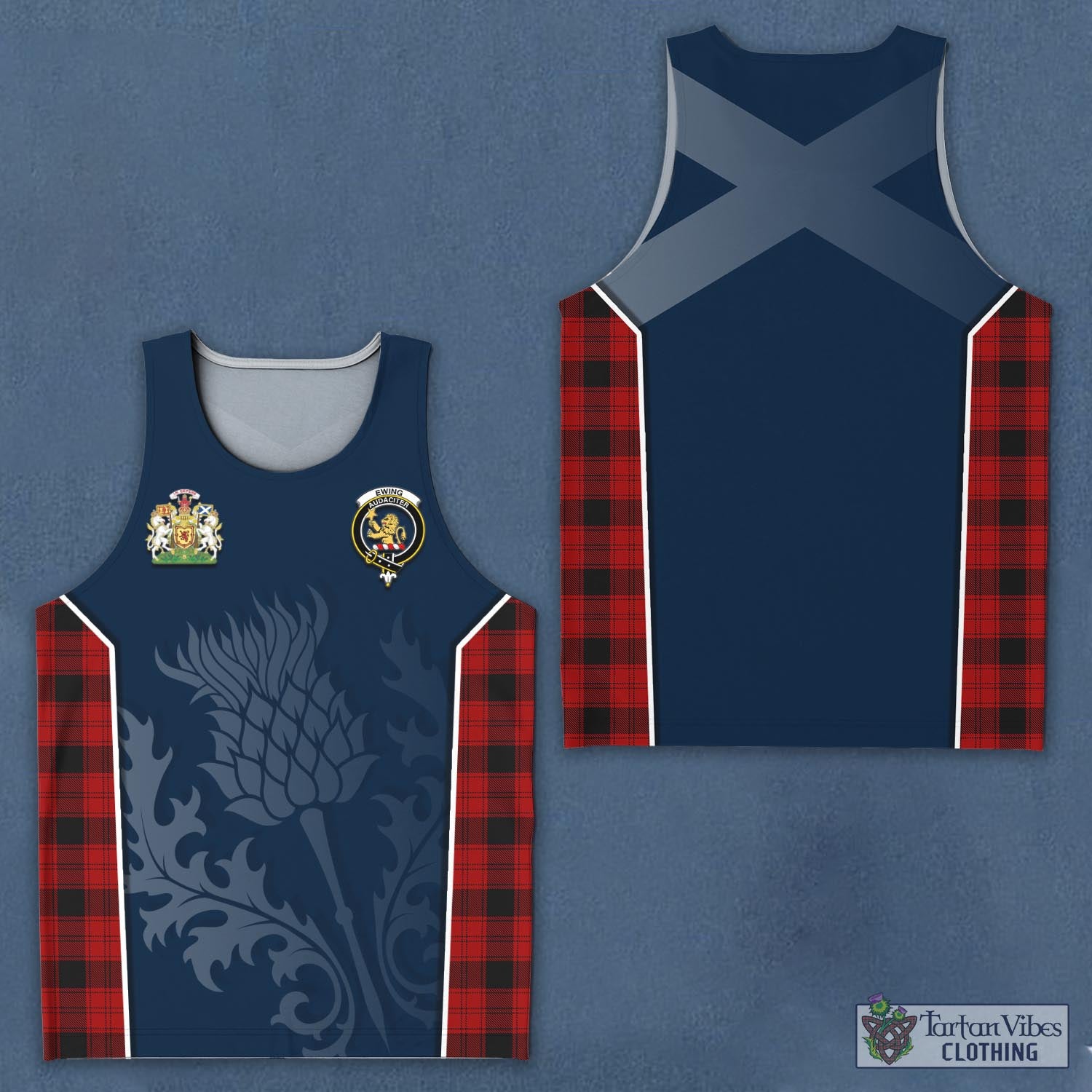 Tartan Vibes Clothing Ewing Tartan Men's Tanks Top with Family Crest and Scottish Thistle Vibes Sport Style