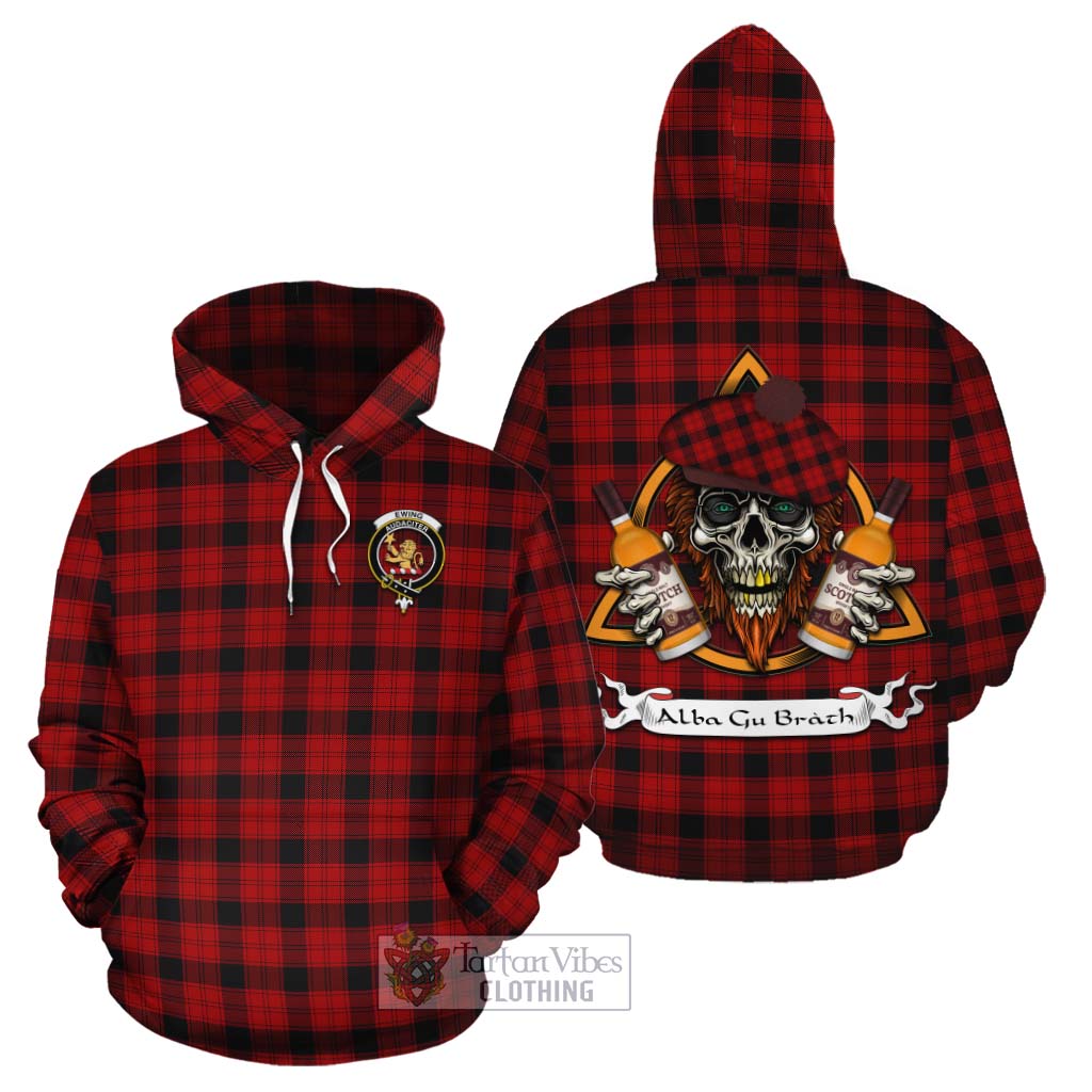 Tartan Vibes Clothing Ewing Tartan Cotton Hoodie with Family Crest and Bearded Skull Holding Bottles of Whiskey