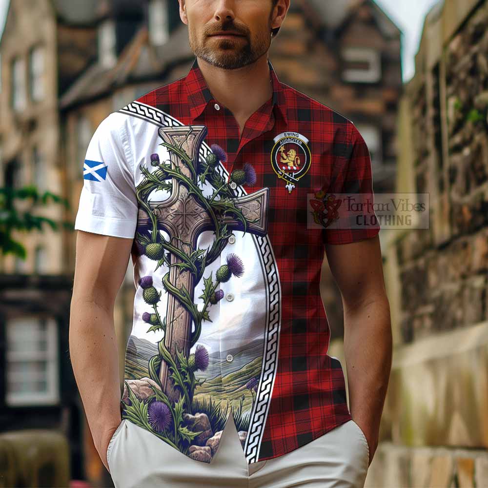 Tartan Vibes Clothing Ewing Tartan Short Sleeve Button Shirt with Family Crest and St. Andrew's Cross Accented by Thistle Vines