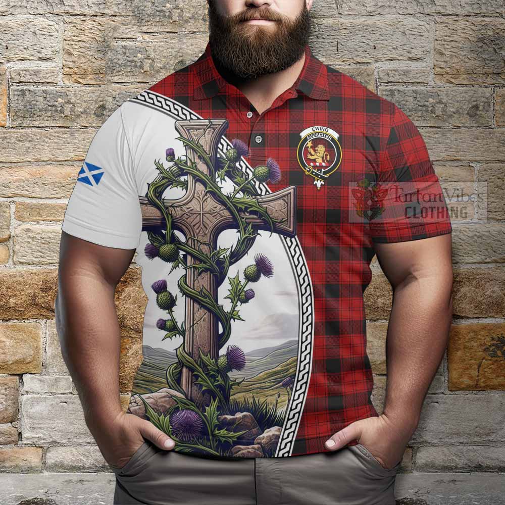 Tartan Vibes Clothing Ewing Tartan Polo Shirt with Family Crest and St. Andrew's Cross Accented by Thistle Vines