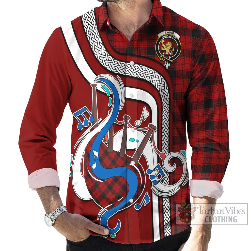 Ewing Tartan Long Sleeve Button Shirt with Epic Bagpipe Style - Tartanvibesclothing Shop