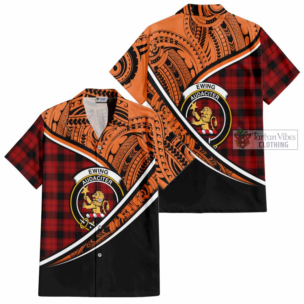 Tartan Vibes Clothing Ewing Crest Tartan Short Sleeve Button Shirt with Maori Tattoo Style - Orange Version