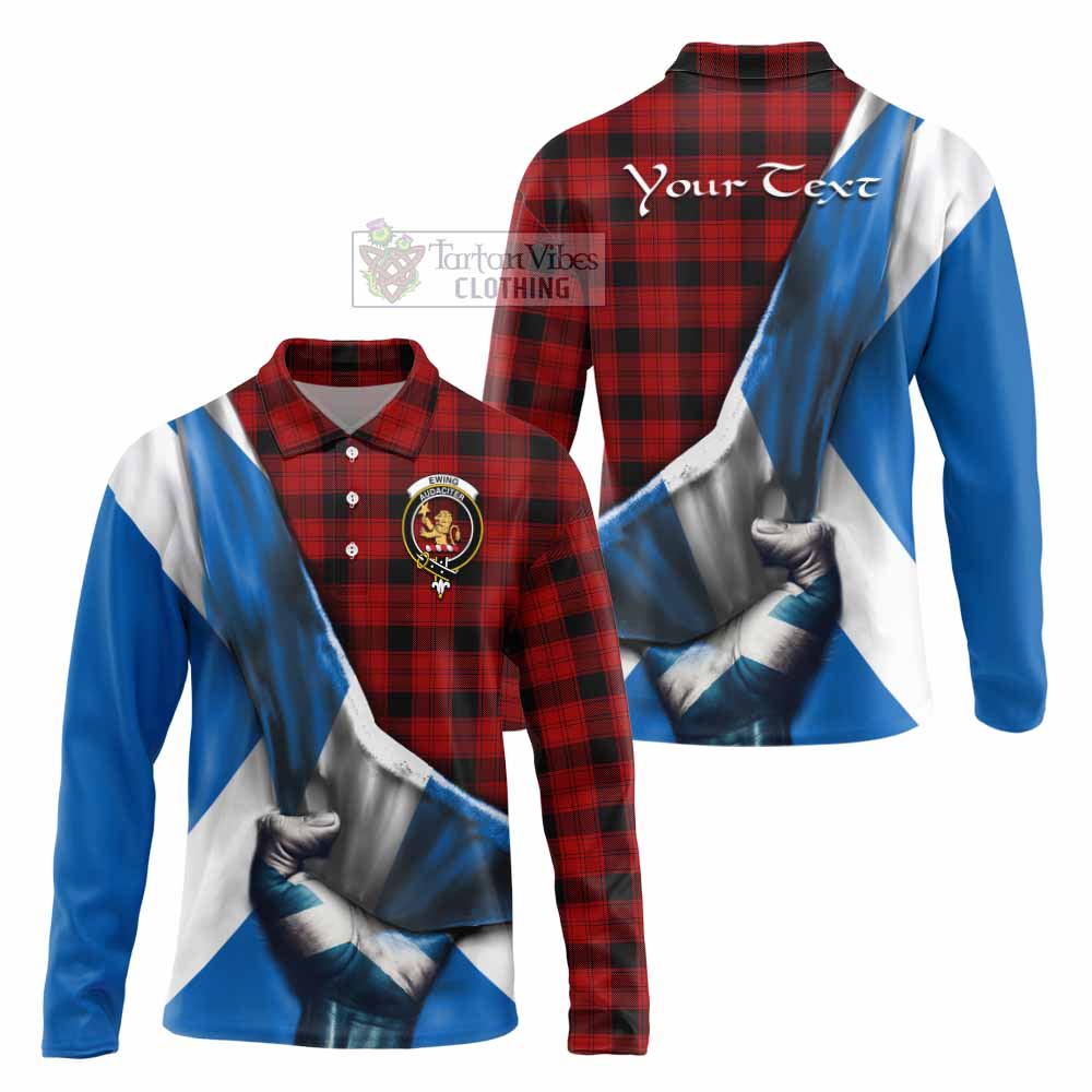 Tartan Vibes Clothing Ewing Tartan Long Sleeve Polo Shirt with Family Crest Scotland Patriotic Style