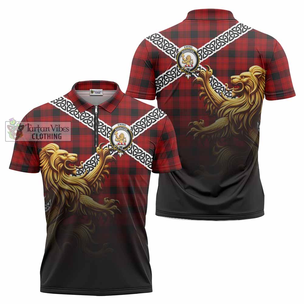 Ewing Crest Tartan Zipper Polo Shirt with Golden Lion Emblem Celtic Style - Tartan Vibes Clothing