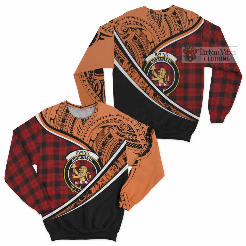 Tartan Vibes Clothing Ewing Crest Tartan Sweatshirt with Maori Tattoo Style - Orange Version