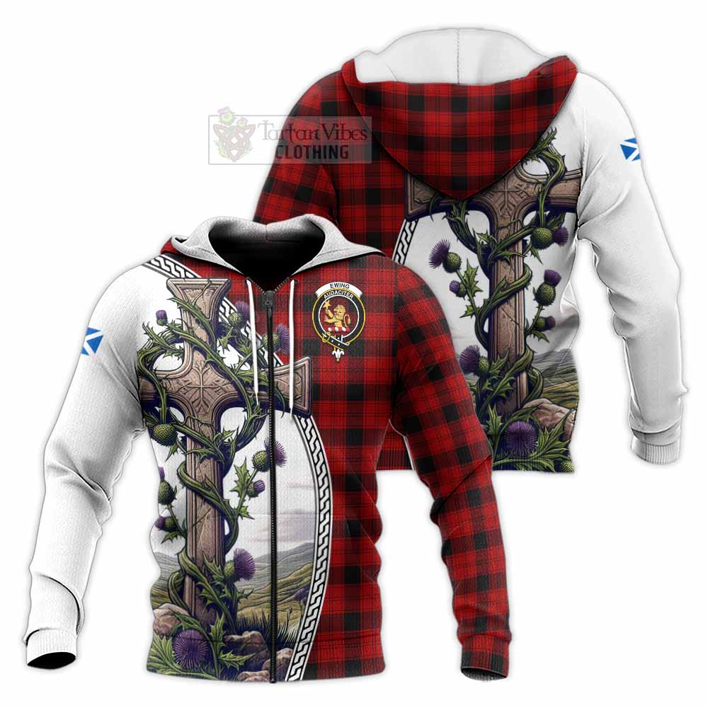 Tartan Vibes Clothing Ewing Tartan Knitted Hoodie with Family Crest and St. Andrew's Cross Accented by Thistle Vines