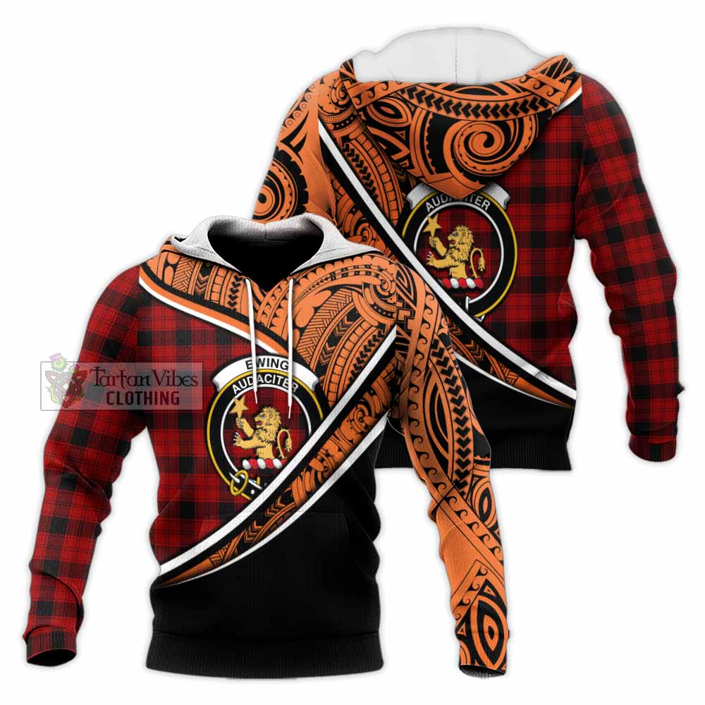 Tartan Vibes Clothing Ewing Crest Tartan Knitted Hoodie with Maori Tattoo Style - Orange Version