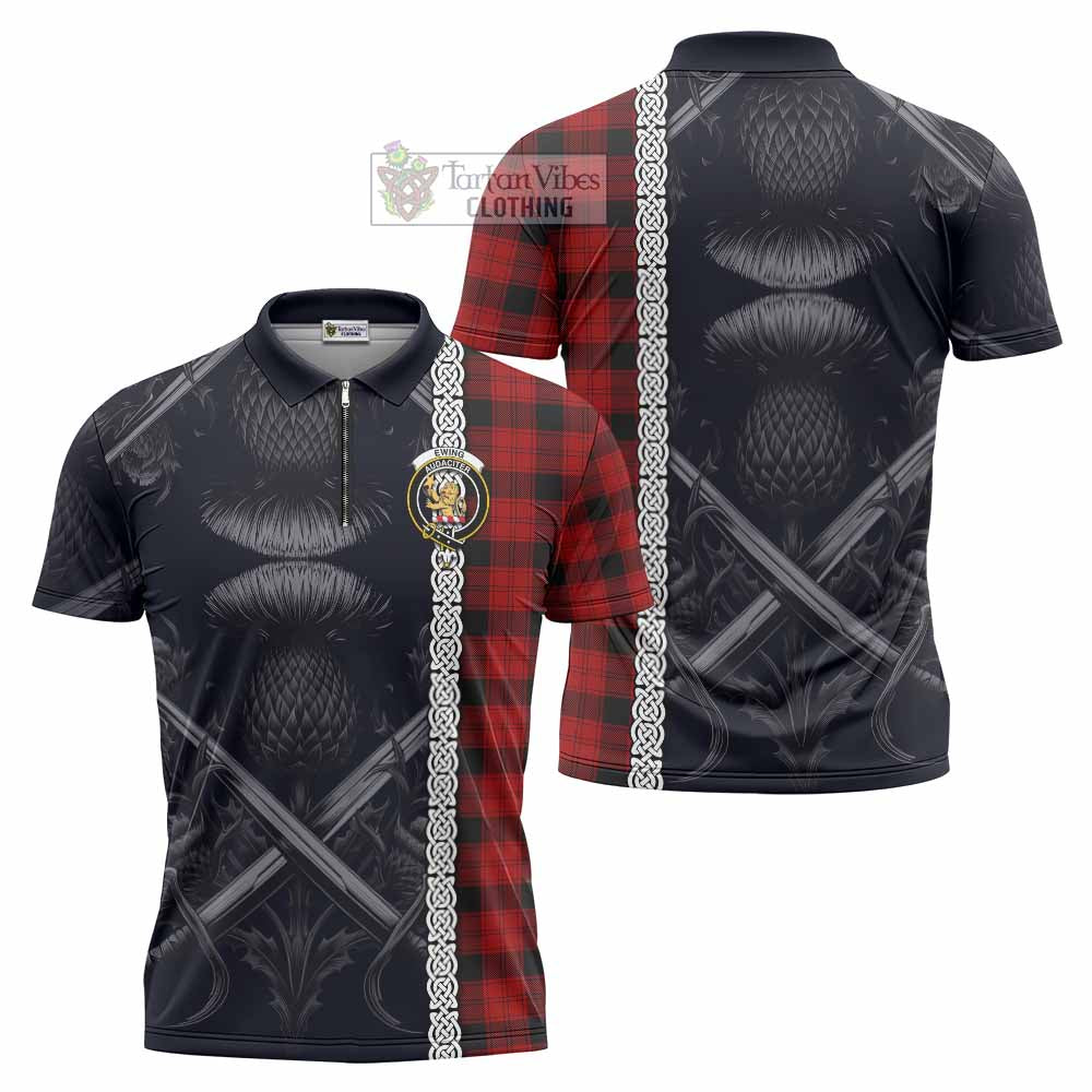 Tartan Vibes Clothing Ewing Tartan Zipper Polo Shirt with Family Crest Cross Sword Thistle Celtic Vibes