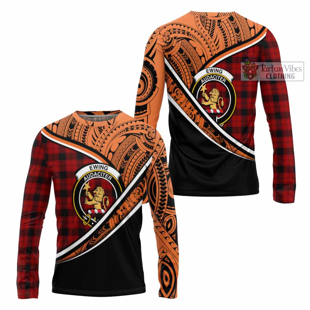 Tartan Vibes Clothing Ewing Crest Tartan Long Sleeve T-Shirt with Maori Tattoo Style - Orange Version