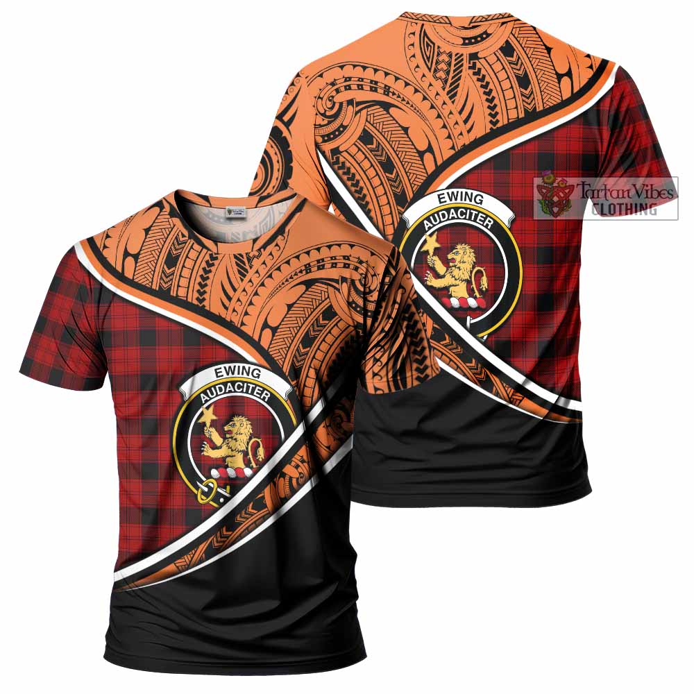 Tartan Vibes Clothing Ewing Crest Tartan T-Shirt with Maori Tattoo Style - Orange Version