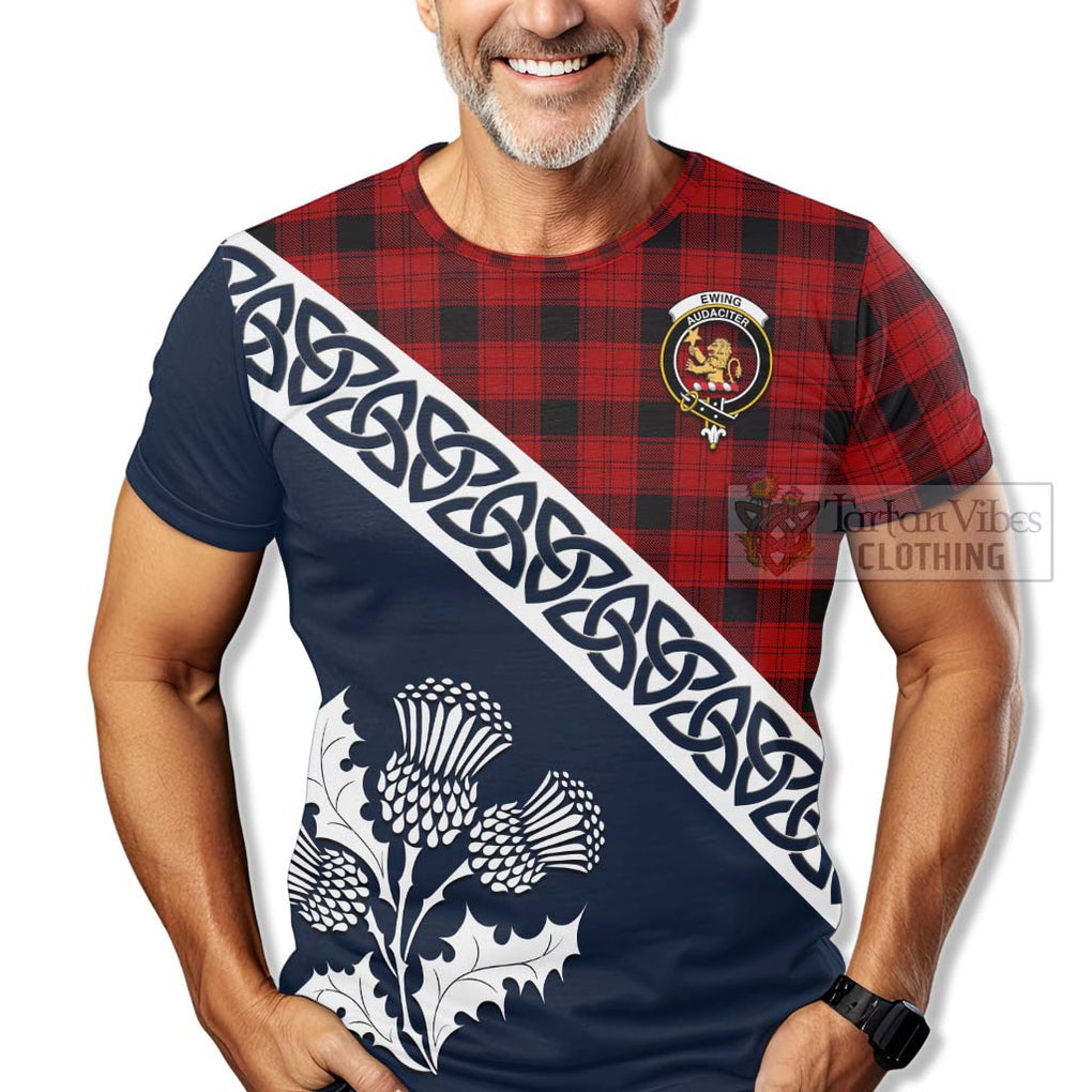 Ewing Tartan T-Shirt Featuring Thistle and Scotland Map