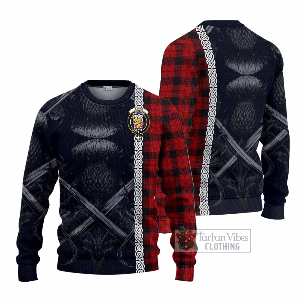 Tartan Vibes Clothing Ewing Tartan Knitted Sweater with Family Crest Cross Sword Thistle Celtic Vibes