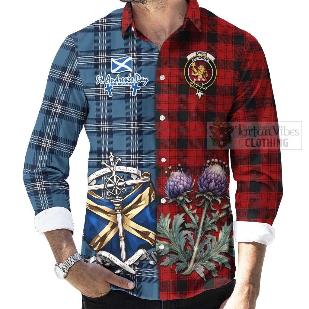 Tartan Vibes Clothing Ewing Tartan Long Sleeve Button Shirt Happy St. Andrew's Day Half Tartan Style