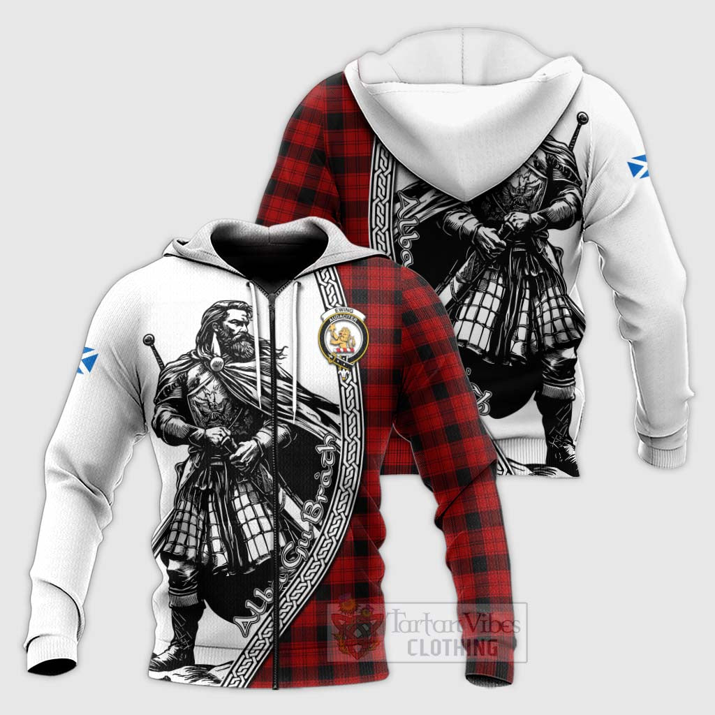 Tartan Vibes Clothing Ewing Tartan Clan Crest Knitted Hoodie with Highlander Warrior Celtic Style