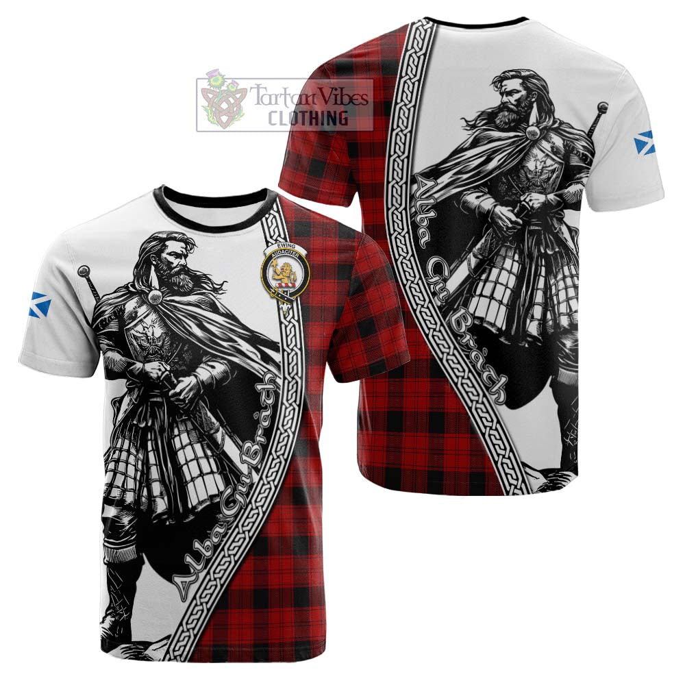 Ewing Tartan Clan Crest Cotton T-shirt with Highlander Warrior Celtic Style